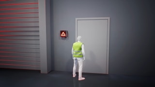 Linde Safety Guard varnar fotgängare som vill gå in genom en dörr för passerande truckar, och förhindrar på så sätt kollisioner. Animerad video om riskerna med fotgängare som går genom dörrar