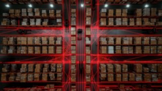 Vy över ett lager med automatiserade truckar