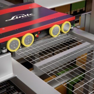 Shuttle i shuttle-ställsystemet S-MATIC cube rån Linde Material Handling