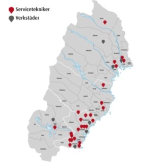 Karta över Lindes verkstäder och servicetekniker i Region Nord Karta över Lindes verkstäder och servicetekniker i Region Nord